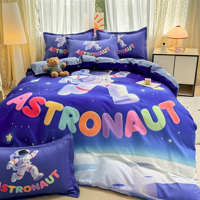 91家纺网 家纺一手货源 找家纺 宝薇 2026春夏新款7D卡通加厚斜纹仿棉生态磨毛大版四件套 太空人