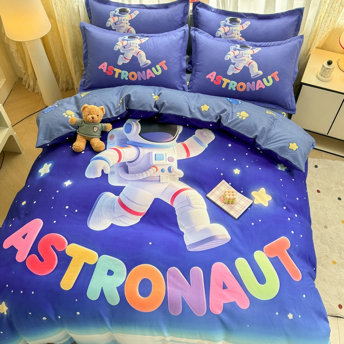 91家纺网 家纺一手货源 找家纺 宝薇 2026春夏新款7D卡通加厚斜纹仿棉生态磨毛大版四件套 太空人