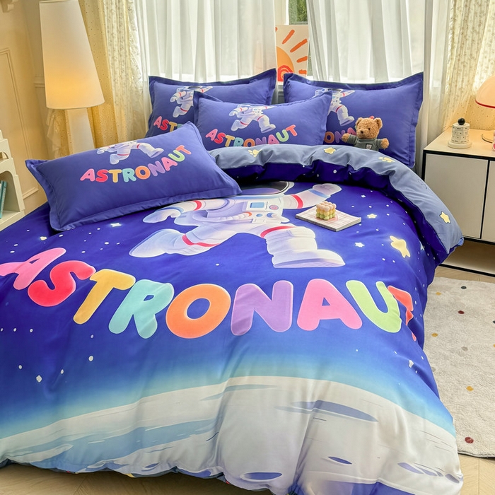 91家纺网 家纺一手货源 找家纺 宝薇 2026春夏新款7D卡通加厚斜纹仿棉生态磨毛大版四件套 太空人