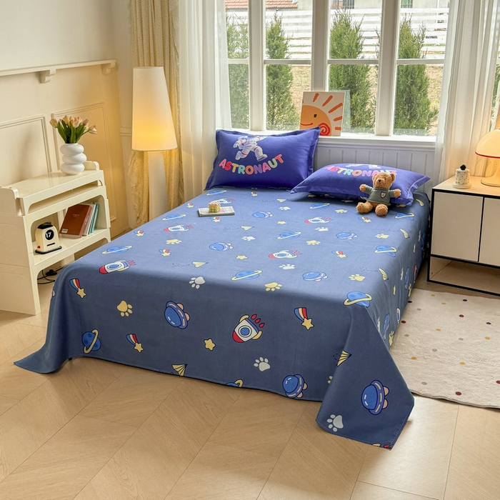 91家纺网 家纺一手货源 找家纺 宝薇 2026春夏新款7D卡通加厚斜纹仿棉生态磨毛大版四件套 太空人