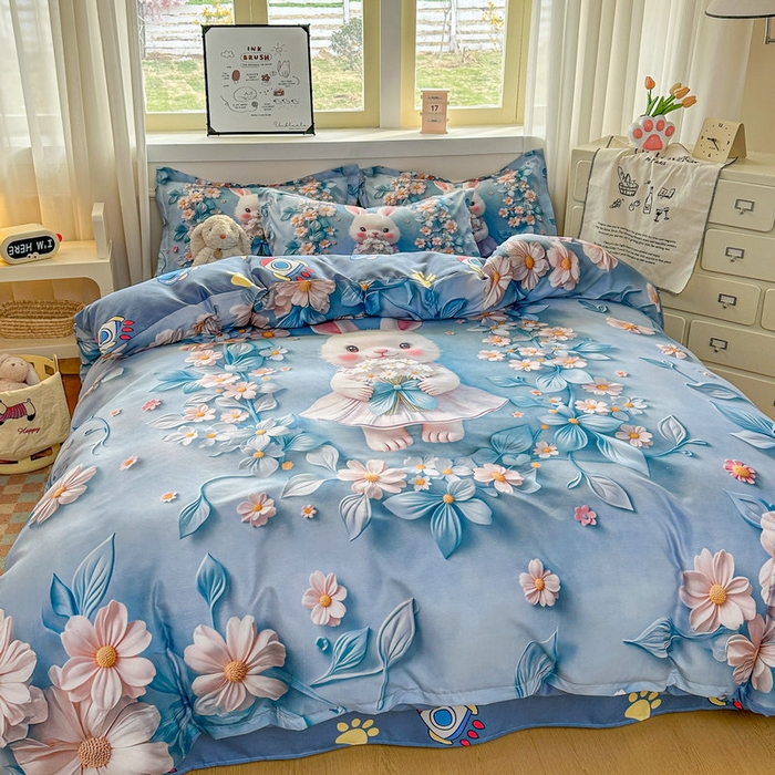 91家纺网 家纺一手货源 找家纺 宝薇 2026春夏新款7D卡通加厚斜纹仿棉生态磨毛大版四件套 天使兔