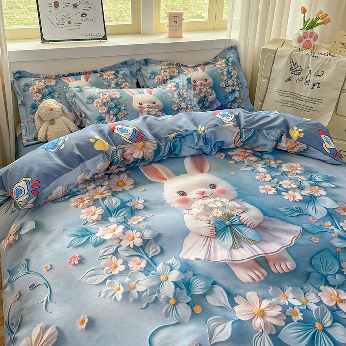 91家纺网 家纺一手货源 找家纺 宝薇 2026春夏新款7D卡通加厚斜纹仿棉生态磨毛大版四件套 天使兔