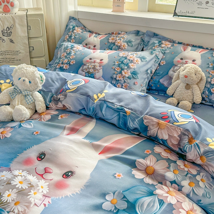 91家纺网 家纺一手货源 找家纺 宝薇 2026春夏新款7D卡通加厚斜纹仿棉生态磨毛大版四件套 天使兔