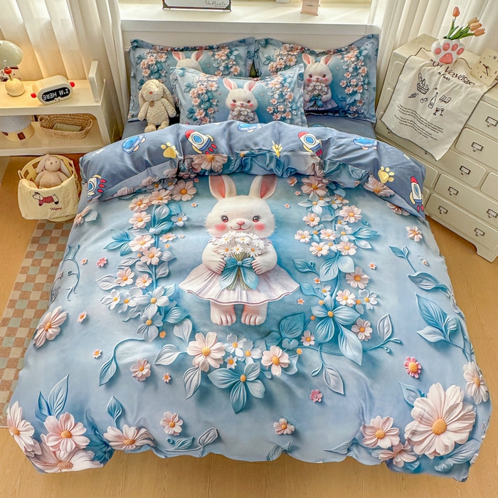 91家纺网 家纺一手货源 找家纺 宝薇 2026春夏新款7D卡通加厚斜纹仿棉生态磨毛大版四件套 天使兔