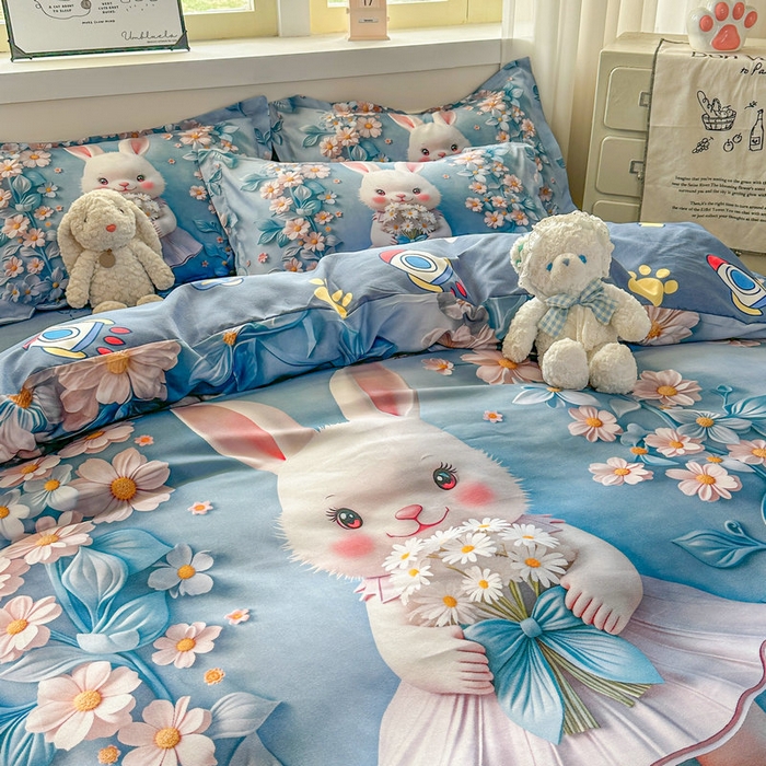 91家纺网 家纺一手货源 找家纺 宝薇 2026春夏新款7D卡通加厚斜纹仿棉生态磨毛大版四件套 天使兔