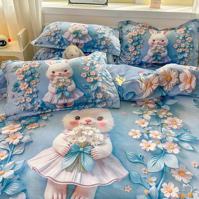 91家纺网 家纺一手货源 找家纺 宝薇 2026春夏新款7D卡通加厚斜纹仿棉生态磨毛大版四件套 天使兔