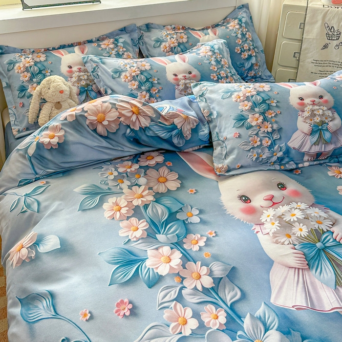 91家纺网 家纺一手货源 找家纺 宝薇 2026春夏新款7D卡通加厚斜纹仿棉生态磨毛大版四件套 天使兔