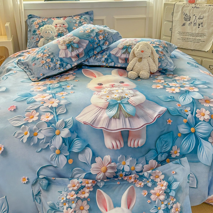 91家纺网 家纺一手货源 找家纺 宝薇 2026春夏新款7D卡通加厚斜纹仿棉生态磨毛大版四件套 天使兔