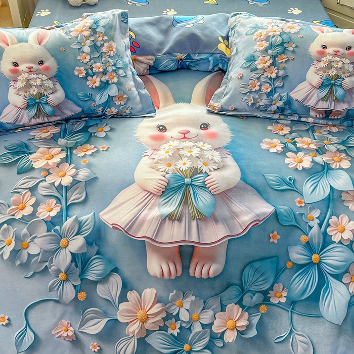 91家纺网 家纺一手货源 找家纺 宝薇 2026春夏新款7D卡通加厚斜纹仿棉生态磨毛大版四件套 天使兔