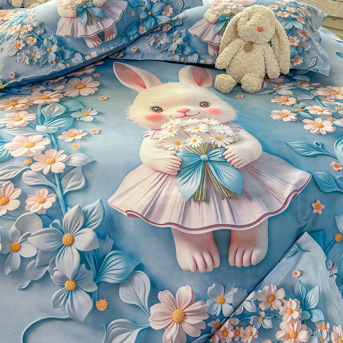 91家纺网 家纺一手货源 找家纺 宝薇 2026春夏新款7D卡通加厚斜纹仿棉生态磨毛大版四件套 天使兔