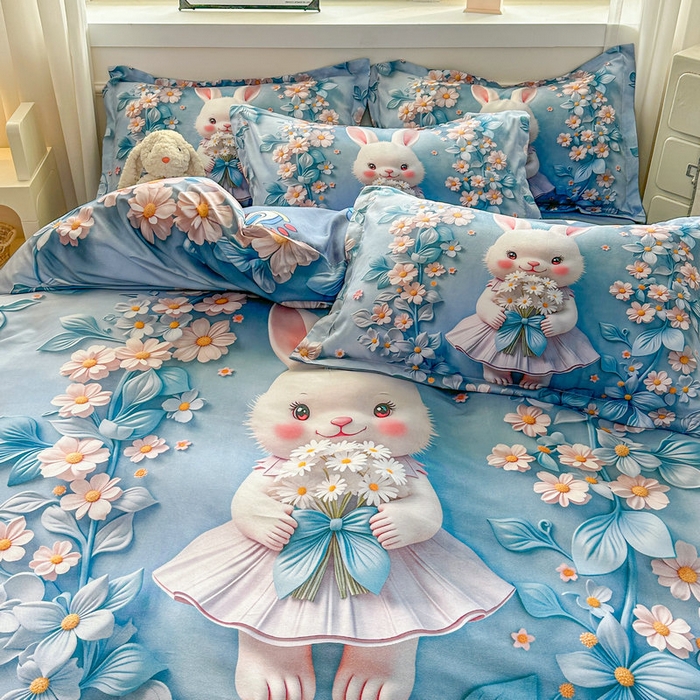 91家纺网 家纺一手货源 找家纺 宝薇 2026春夏新款7D卡通加厚斜纹仿棉生态磨毛大版四件套 天使兔