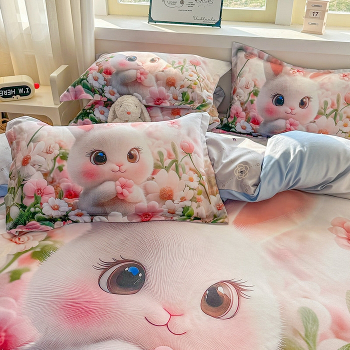 91家纺网 家纺一手货源 找家纺 宝薇 2026春夏新款7D卡通加厚斜纹仿棉生态磨毛大版四件套 甜心兔