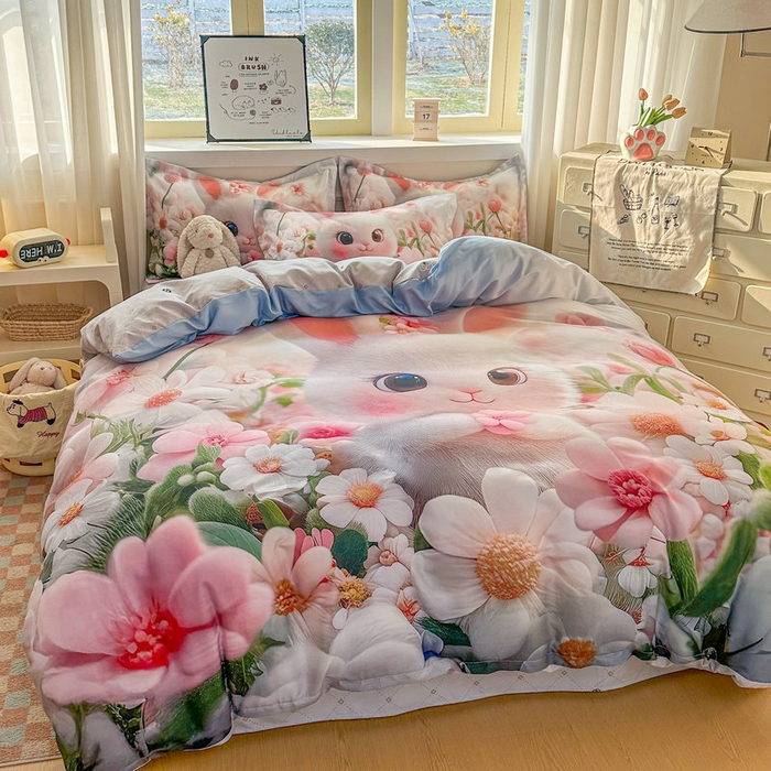 91家纺网 家纺一手货源 找家纺 宝薇 2026春夏新款7D卡通加厚斜纹仿棉生态磨毛大版四件套 甜心兔