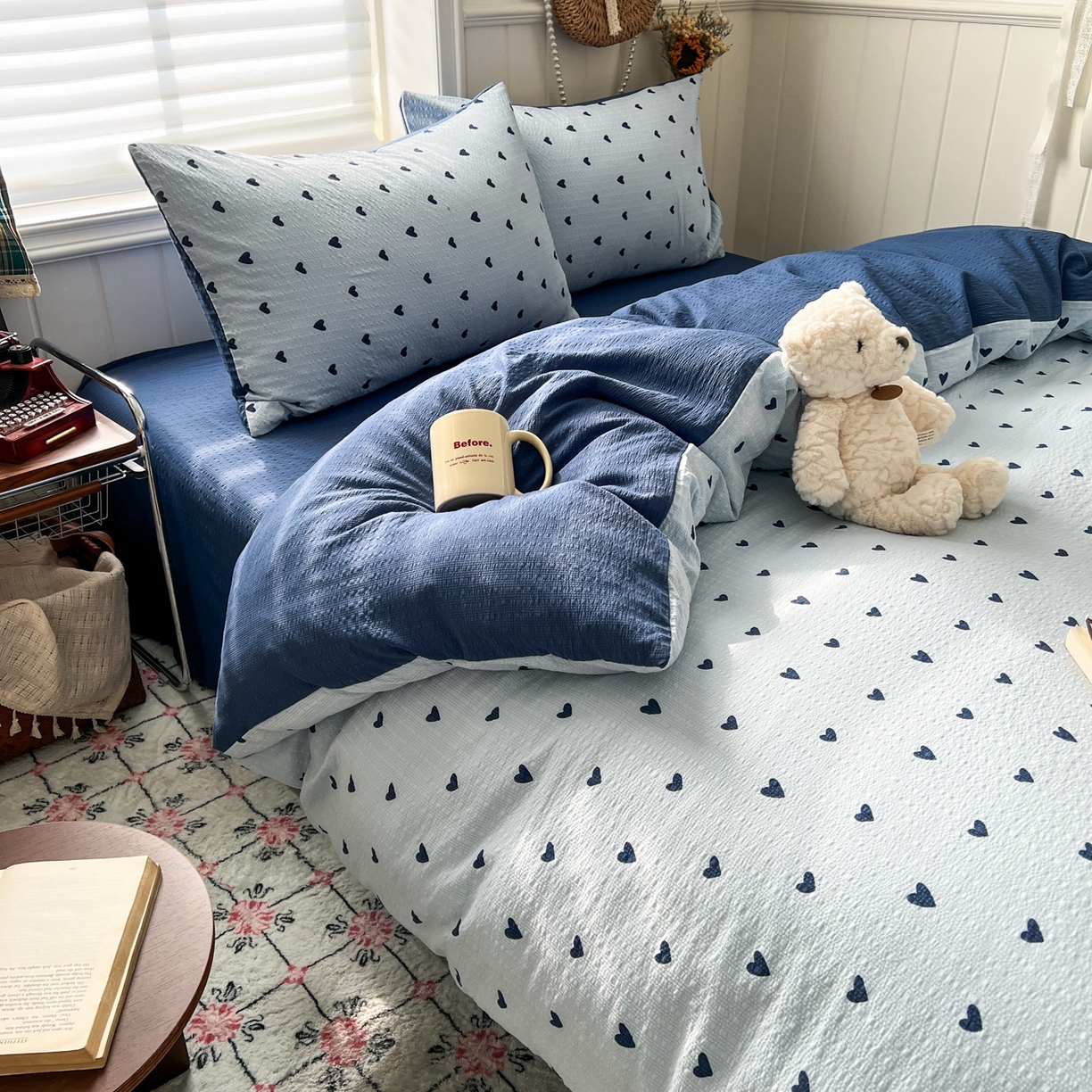 91家纺网 家纺一手货源 找家纺 水木坊 2026春夏新款高品质泡芙普通款四件套 甜心蓝絮