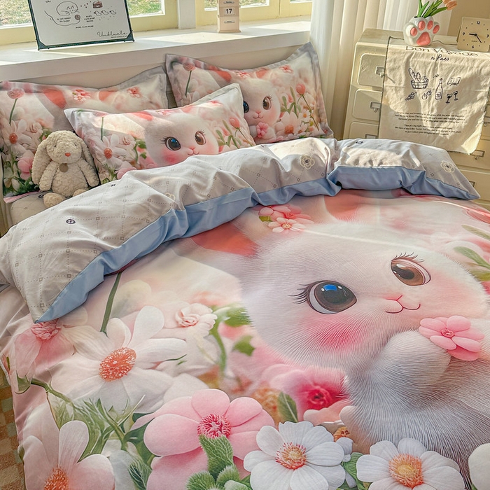 91家纺网 家纺一手货源 找家纺 宝薇 2026春夏新款7D卡通加厚斜纹仿棉生态磨毛大版四件套 甜心兔