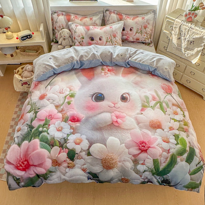 91家纺网 家纺一手货源 找家纺 宝薇 2026春夏新款7D卡通加厚斜纹仿棉生态磨毛大版四件套 甜心兔