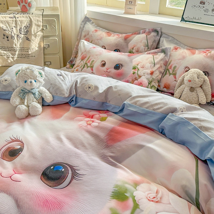 91家纺网 家纺一手货源 找家纺 宝薇 2026春夏新款7D卡通加厚斜纹仿棉生态磨毛大版四件套 甜心兔