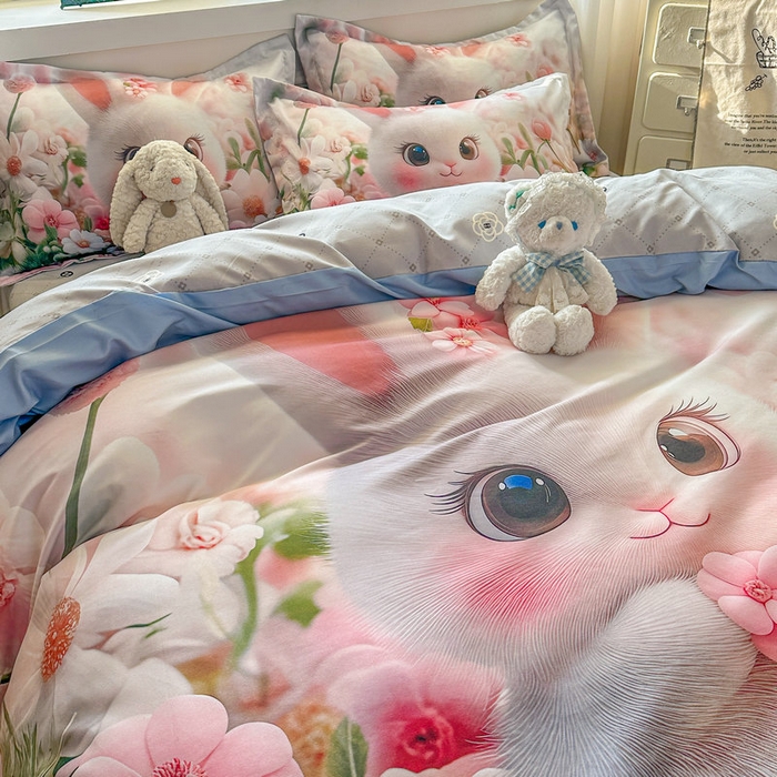 91家纺网 家纺一手货源 找家纺 宝薇 2026春夏新款7D卡通加厚斜纹仿棉生态磨毛大版四件套 甜心兔