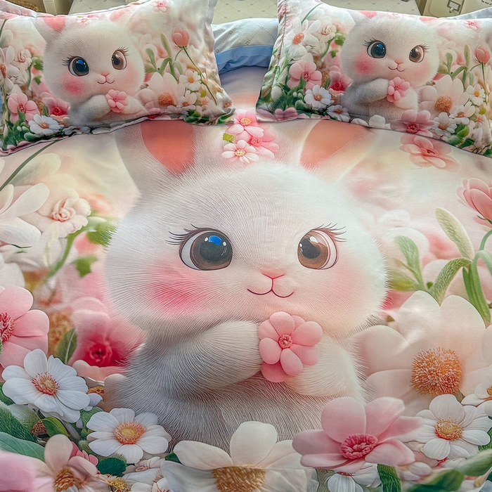 91家纺网 家纺一手货源 找家纺 宝薇 2026春夏新款7D卡通加厚斜纹仿棉生态磨毛大版四件套 甜心兔