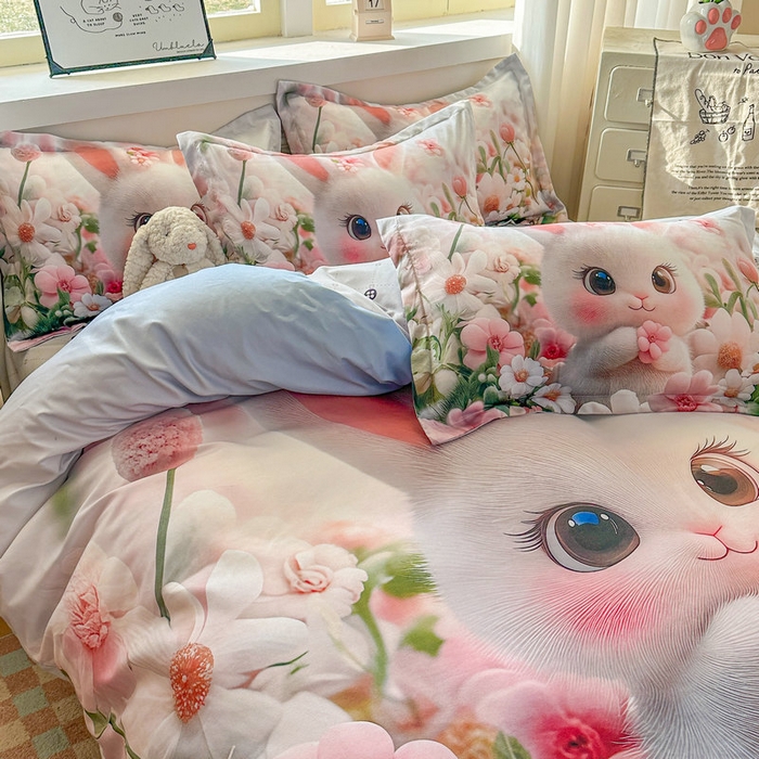 91家纺网 家纺一手货源 找家纺 宝薇 2026春夏新款7D卡通加厚斜纹仿棉生态磨毛大版四件套 甜心兔