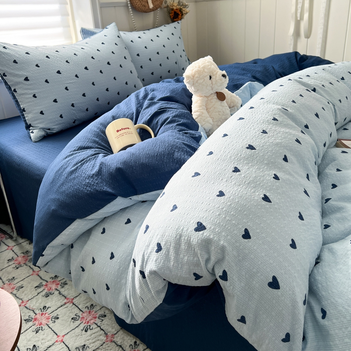 91家纺网 家纺一手货源 找家纺 水木坊 2026春夏新款高品质泡芙普通款四件套 甜心蓝絮