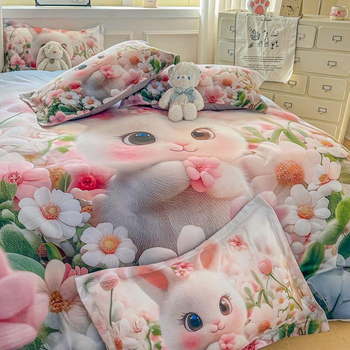 91家纺网 家纺一手货源 找家纺 宝薇 2026春夏新款7D卡通加厚斜纹仿棉生态磨毛大版四件套 甜心兔