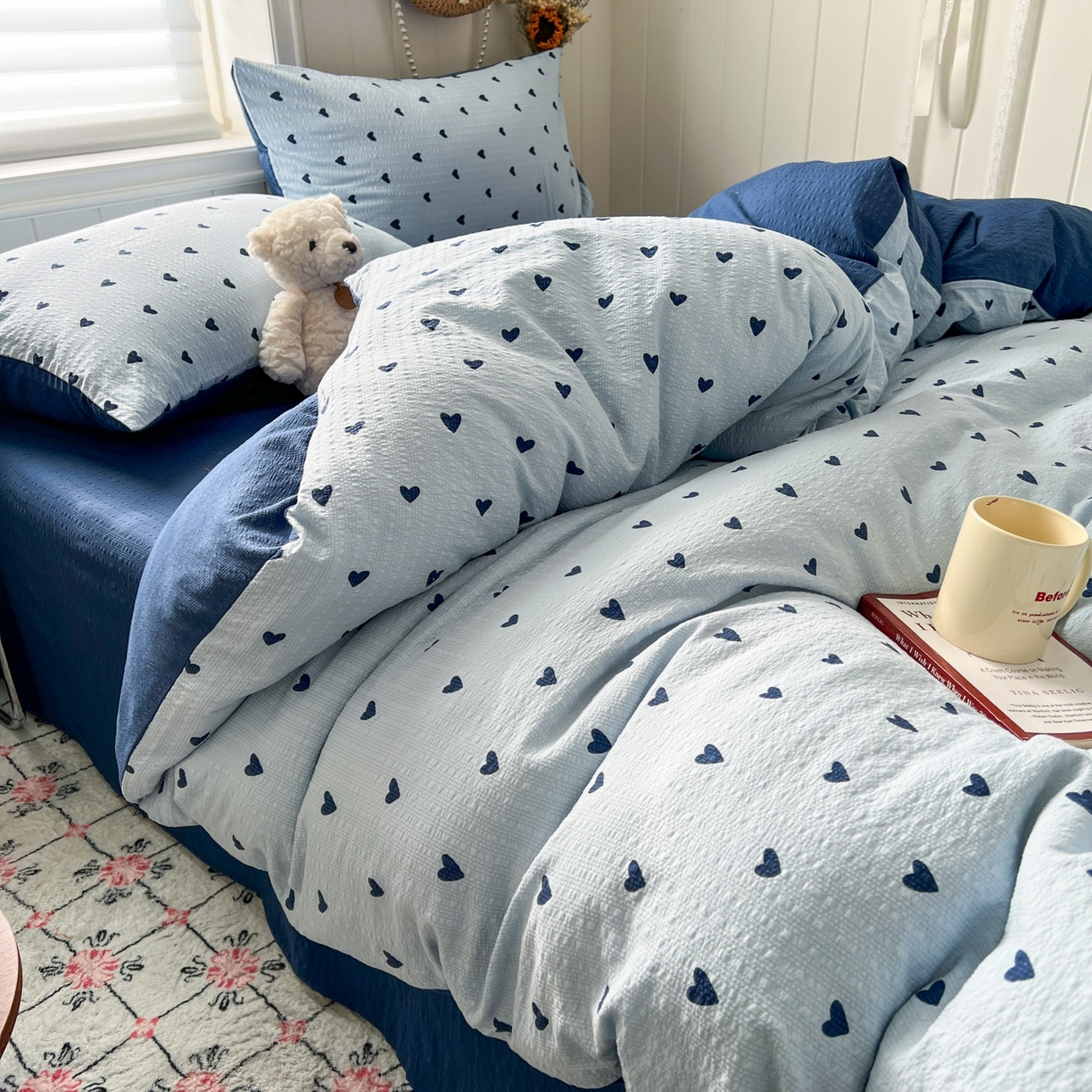 91家纺网 家纺一手货源 找家纺 水木坊 2026春夏新款高品质泡芙普通款四件套 甜心蓝絮