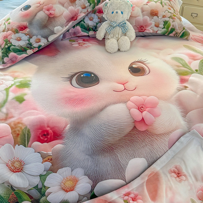 91家纺网 家纺一手货源 找家纺 宝薇 2026春夏新款7D卡通加厚斜纹仿棉生态磨毛大版四件套 甜心兔