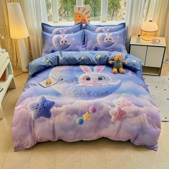 宝薇 2026春夏新款7D卡通加厚斜纹仿棉生态磨毛大版四件套 月亮兔