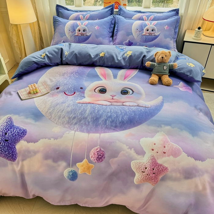 91家纺网 家纺一手货源 找家纺 宝薇 2026春夏新款7D卡通加厚斜纹仿棉生态磨毛大版四件套 月亮兔