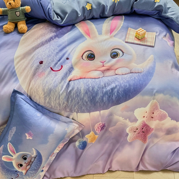 91家纺网 家纺一手货源 找家纺 宝薇 2026春夏新款7D卡通加厚斜纹仿棉生态磨毛大版四件套 月亮兔