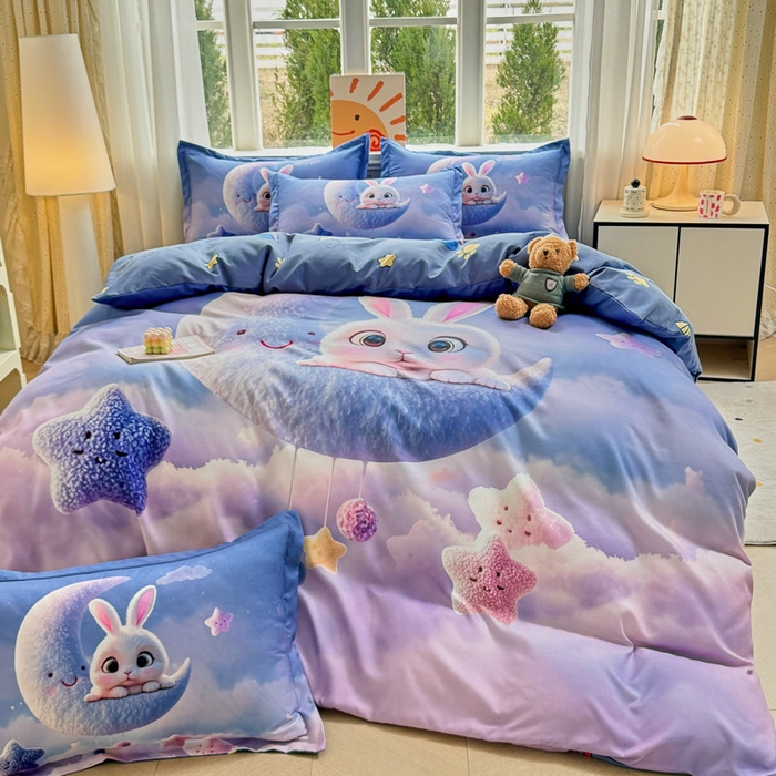 91家纺网 家纺一手货源 找家纺 宝薇 2026春夏新款7D卡通加厚斜纹仿棉生态磨毛大版四件套 月亮兔