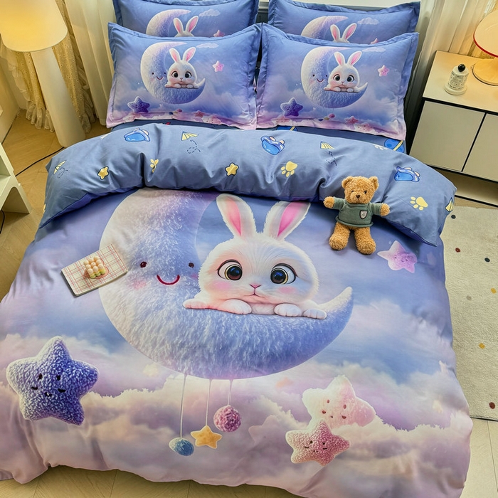 91家纺网 家纺一手货源 找家纺 宝薇 2026春夏新款7D卡通加厚斜纹仿棉生态磨毛大版四件套 月亮兔