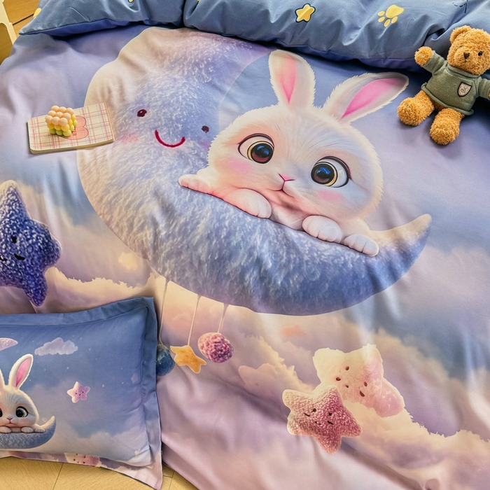 91家纺网 家纺一手货源 找家纺 宝薇 2026春夏新款7D卡通加厚斜纹仿棉生态磨毛大版四件套 月亮兔