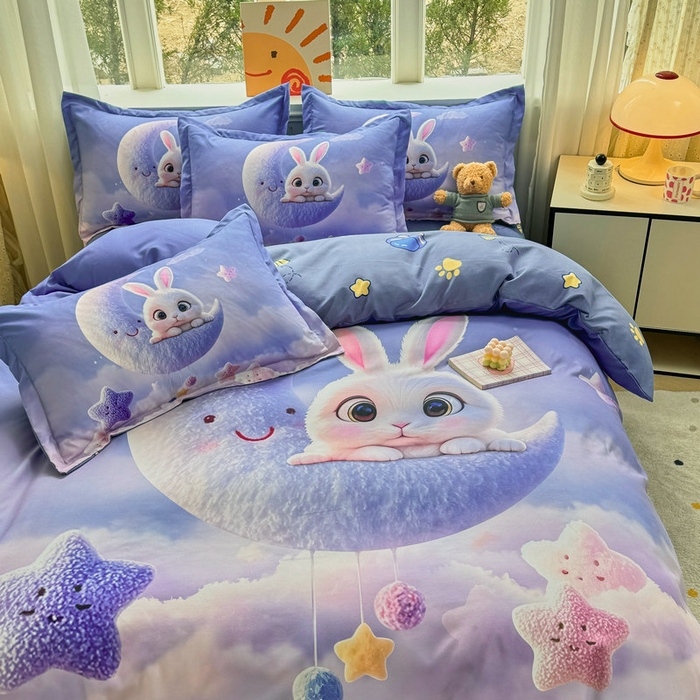 91家纺网 家纺一手货源 找家纺 宝薇 2026春夏新款7D卡通加厚斜纹仿棉生态磨毛大版四件套 月亮兔