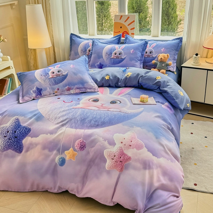 91家纺网 家纺一手货源 找家纺 宝薇 2026春夏新款7D卡通加厚斜纹仿棉生态磨毛大版四件套 月亮兔