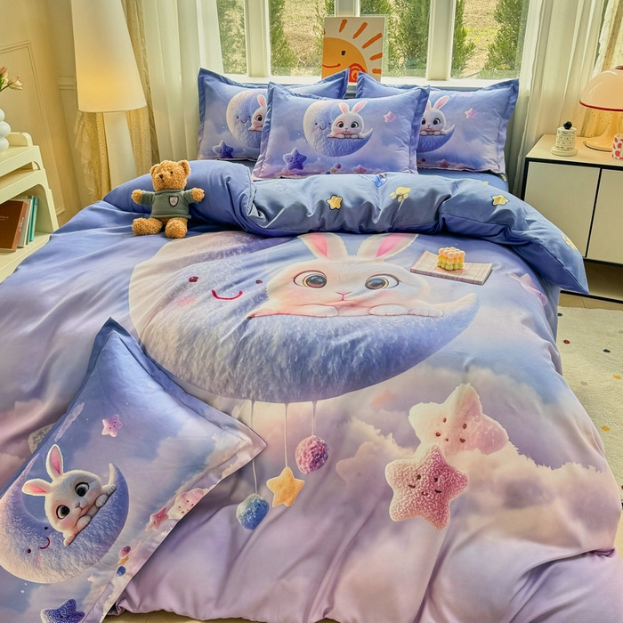 91家纺网 家纺一手货源 找家纺 宝薇 2026春夏新款7D卡通加厚斜纹仿棉生态磨毛大版四件套 月亮兔