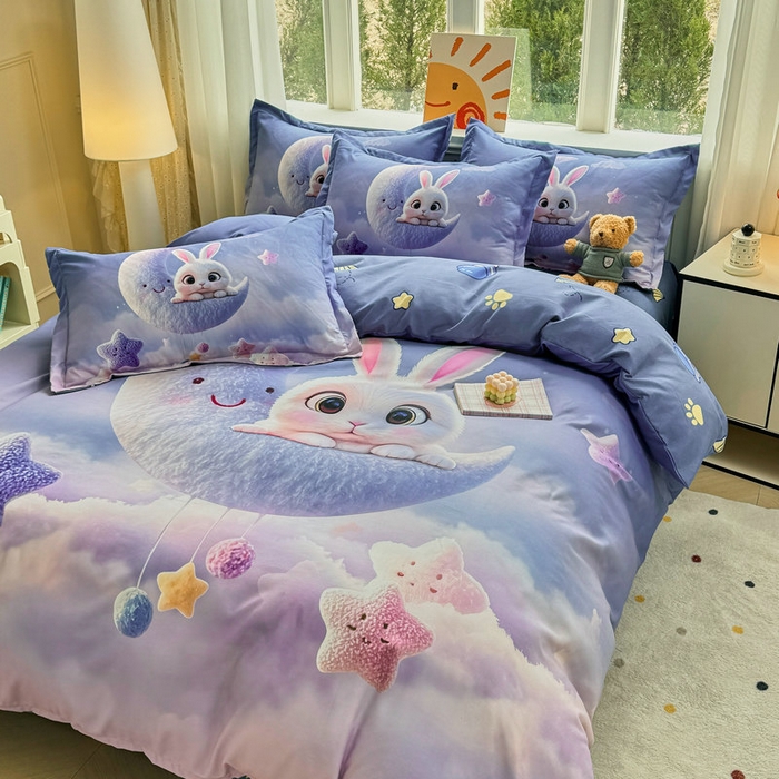 91家纺网 家纺一手货源 找家纺 宝薇 2026春夏新款7D卡通加厚斜纹仿棉生态磨毛大版四件套 月亮兔