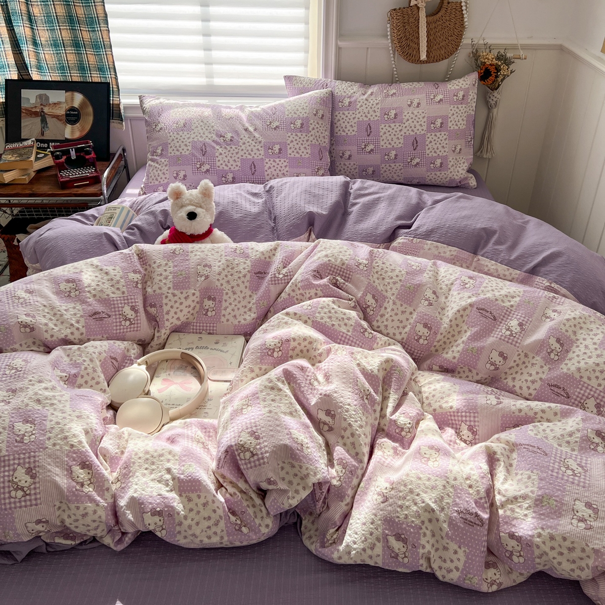 水木坊 2026春夏新款高品质泡芙普通款四件套 软紫格猫