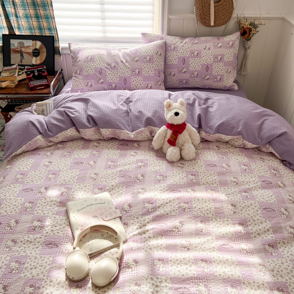 91家纺网 家纺一手货源 找家纺 水木坊 2026春夏新款高品质泡芙普通款四件套 软紫格猫