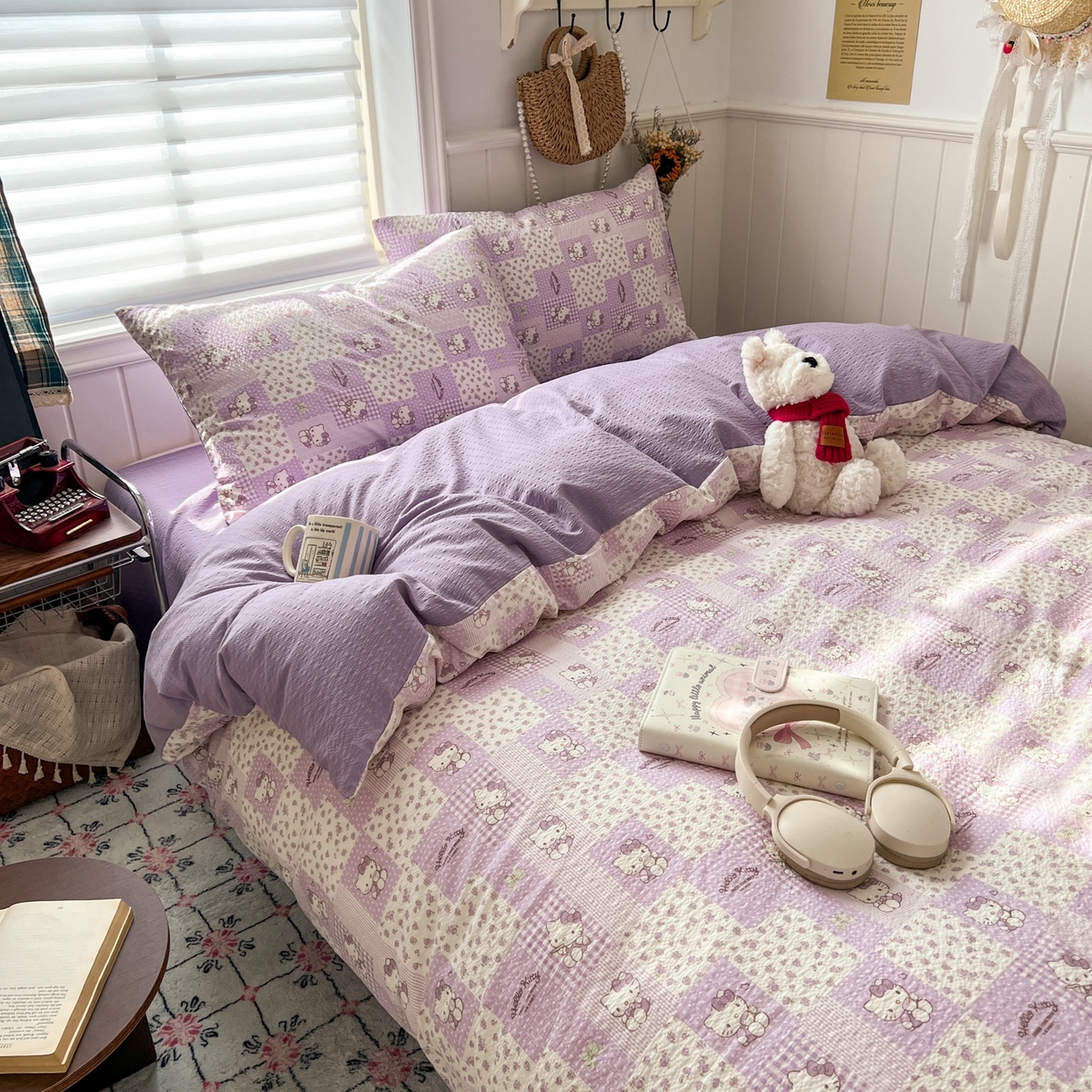 91家纺网 家纺一手货源 找家纺 水木坊 2026春夏新款高品质泡芙普通款四件套 软紫格猫