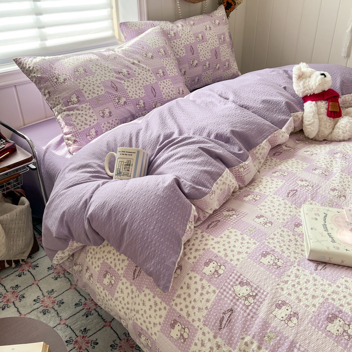 91家纺网 家纺一手货源 找家纺 水木坊 2026春夏新款高品质泡芙普通款四件套 软紫格猫