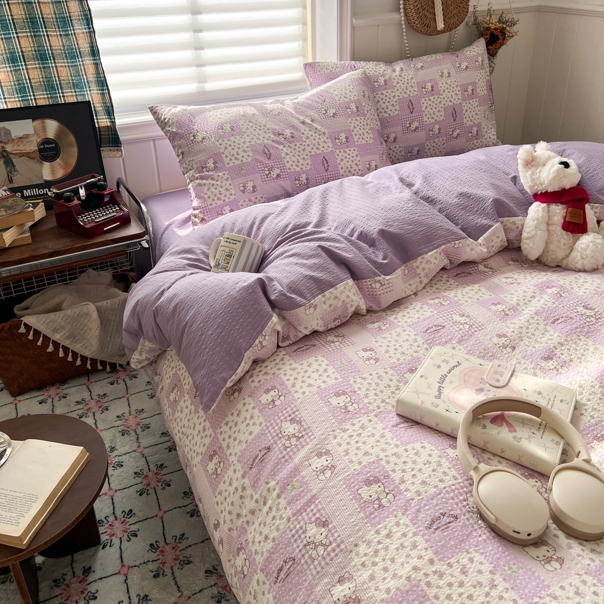 91家纺网 家纺一手货源 找家纺 水木坊 2026春夏新款高品质泡芙普通款四件套 软紫格猫