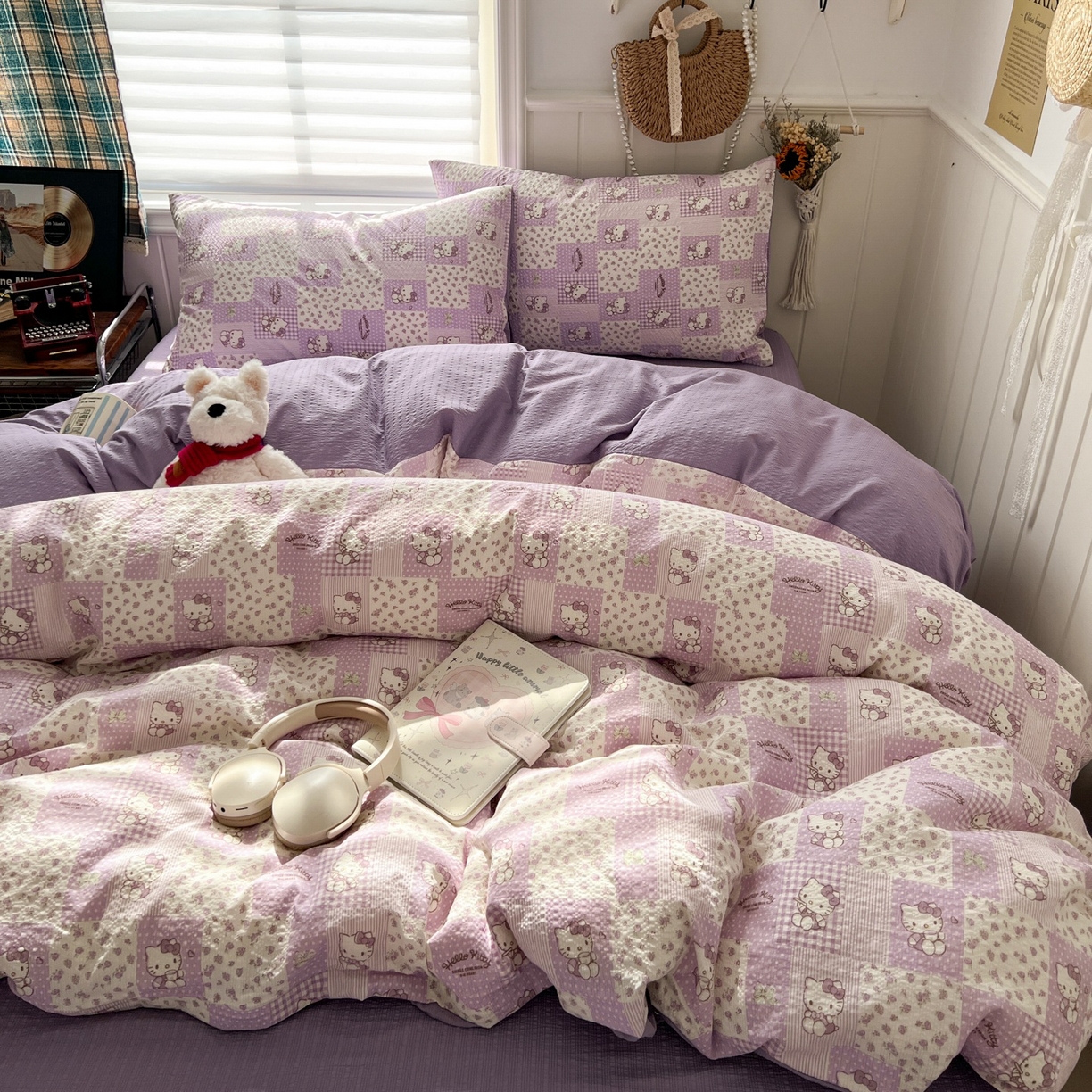 91家纺网 家纺一手货源 找家纺 水木坊 2026春夏新款高品质泡芙普通款四件套 软紫格猫