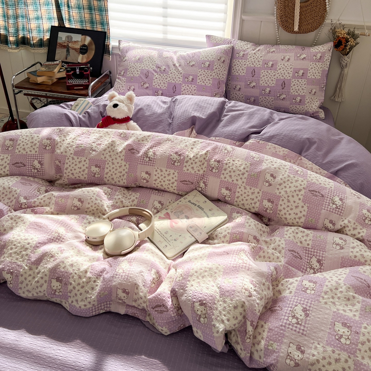 91家纺网 家纺一手货源 找家纺 水木坊 2026春夏新款高品质泡芙普通款四件套 软紫格猫