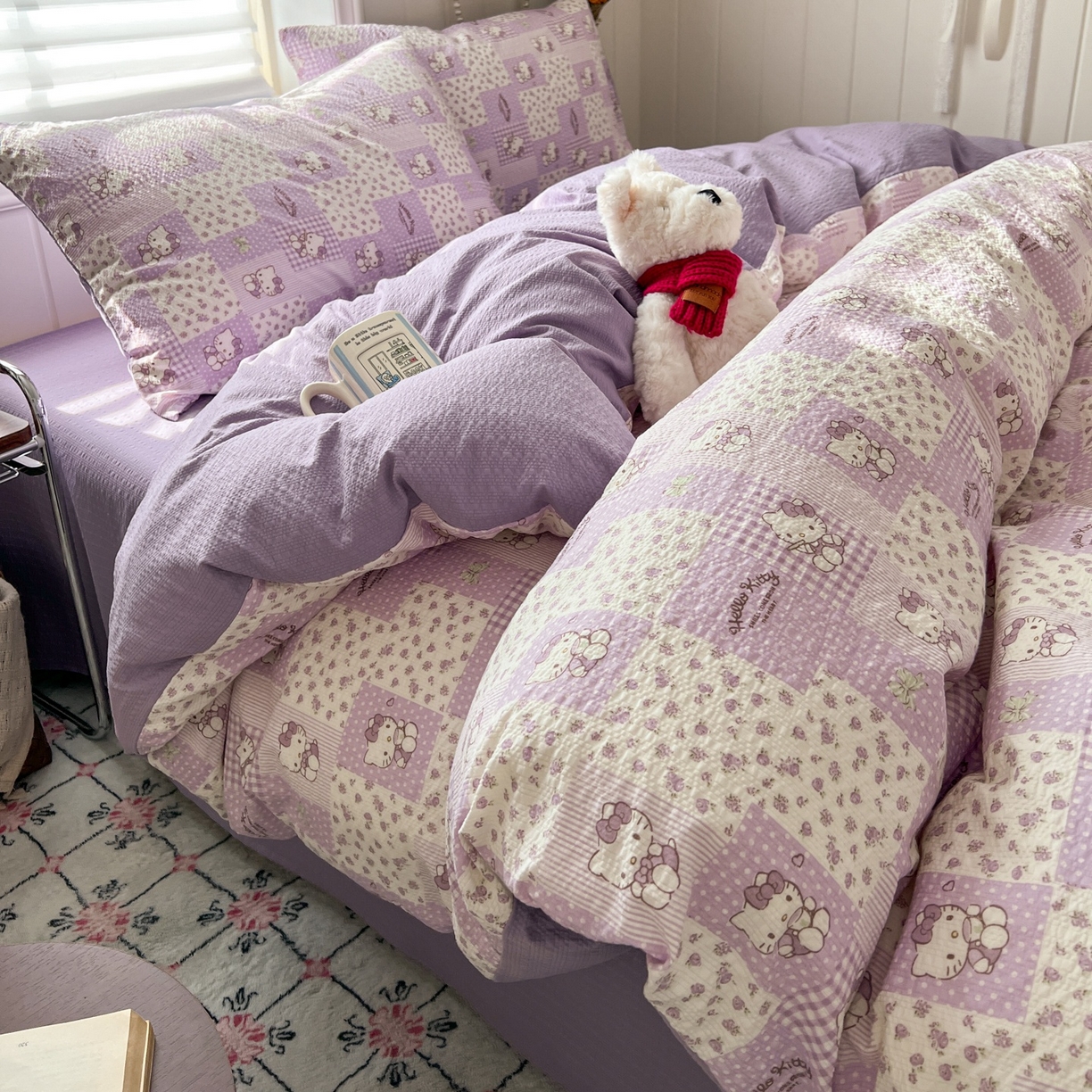 91家纺网 家纺一手货源 找家纺 水木坊 2026春夏新款高品质泡芙普通款四件套 软紫格猫