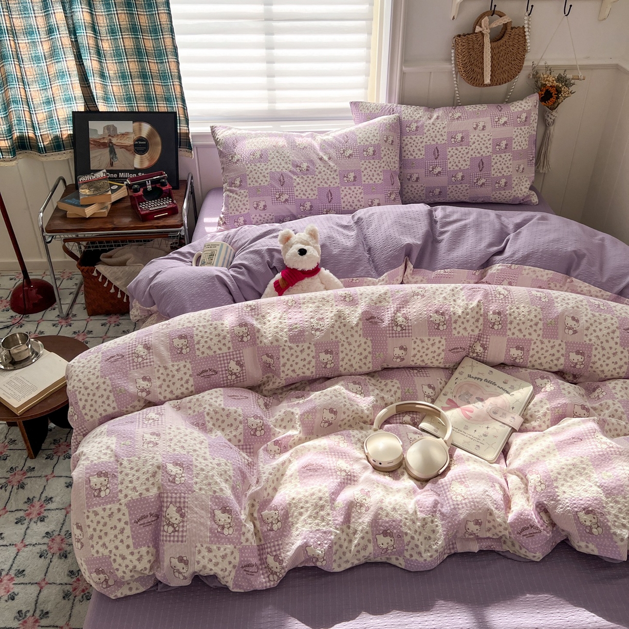 91家纺网 家纺一手货源 找家纺 水木坊 2026春夏新款高品质泡芙普通款四件套 软紫格猫