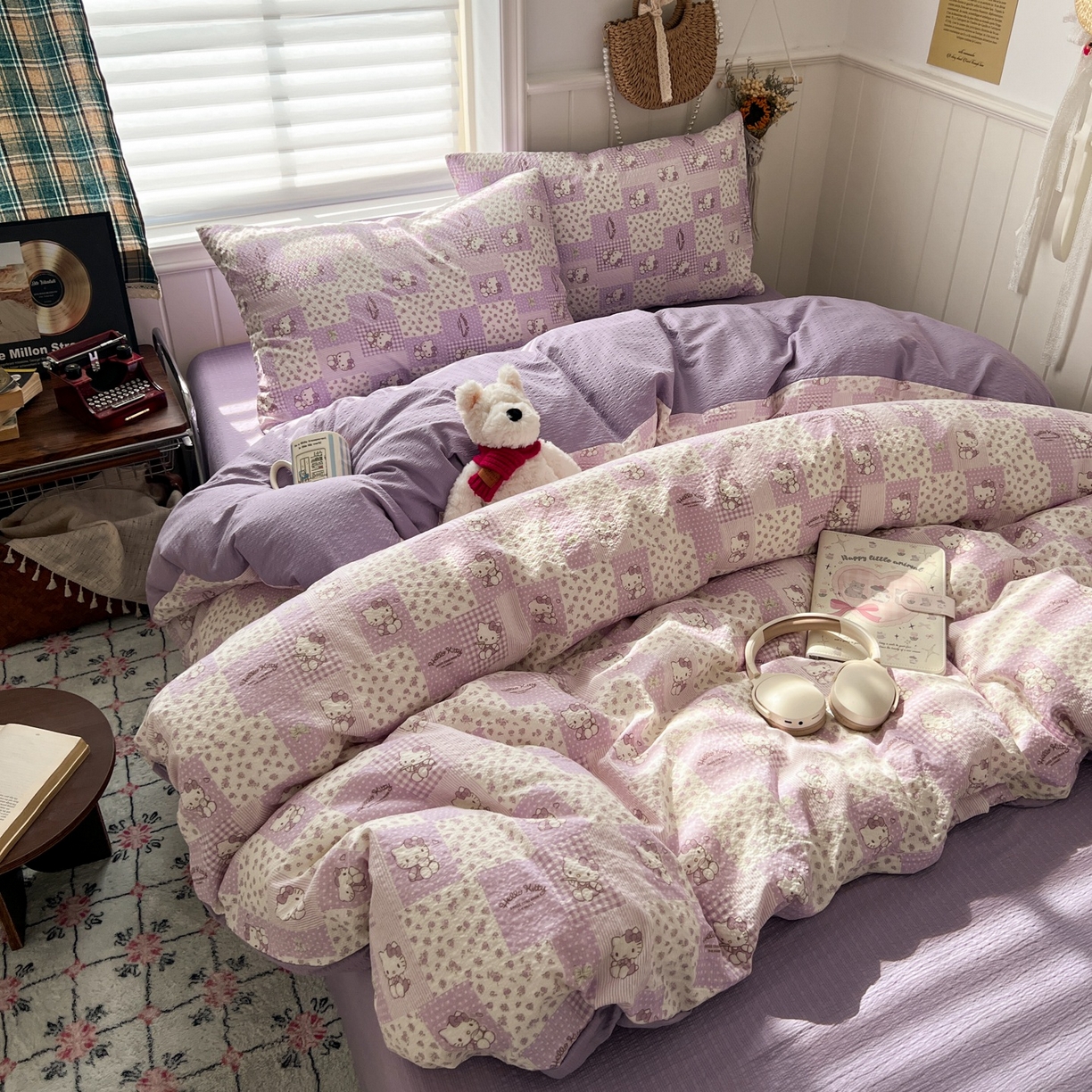 91家纺网 家纺一手货源 找家纺 水木坊 2026春夏新款高品质泡芙普通款四件套 软紫格猫