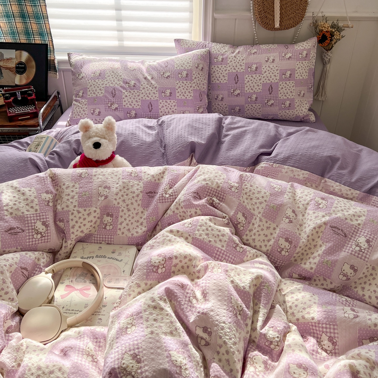 91家纺网 家纺一手货源 找家纺 水木坊 2026春夏新款高品质泡芙普通款四件套 软紫格猫