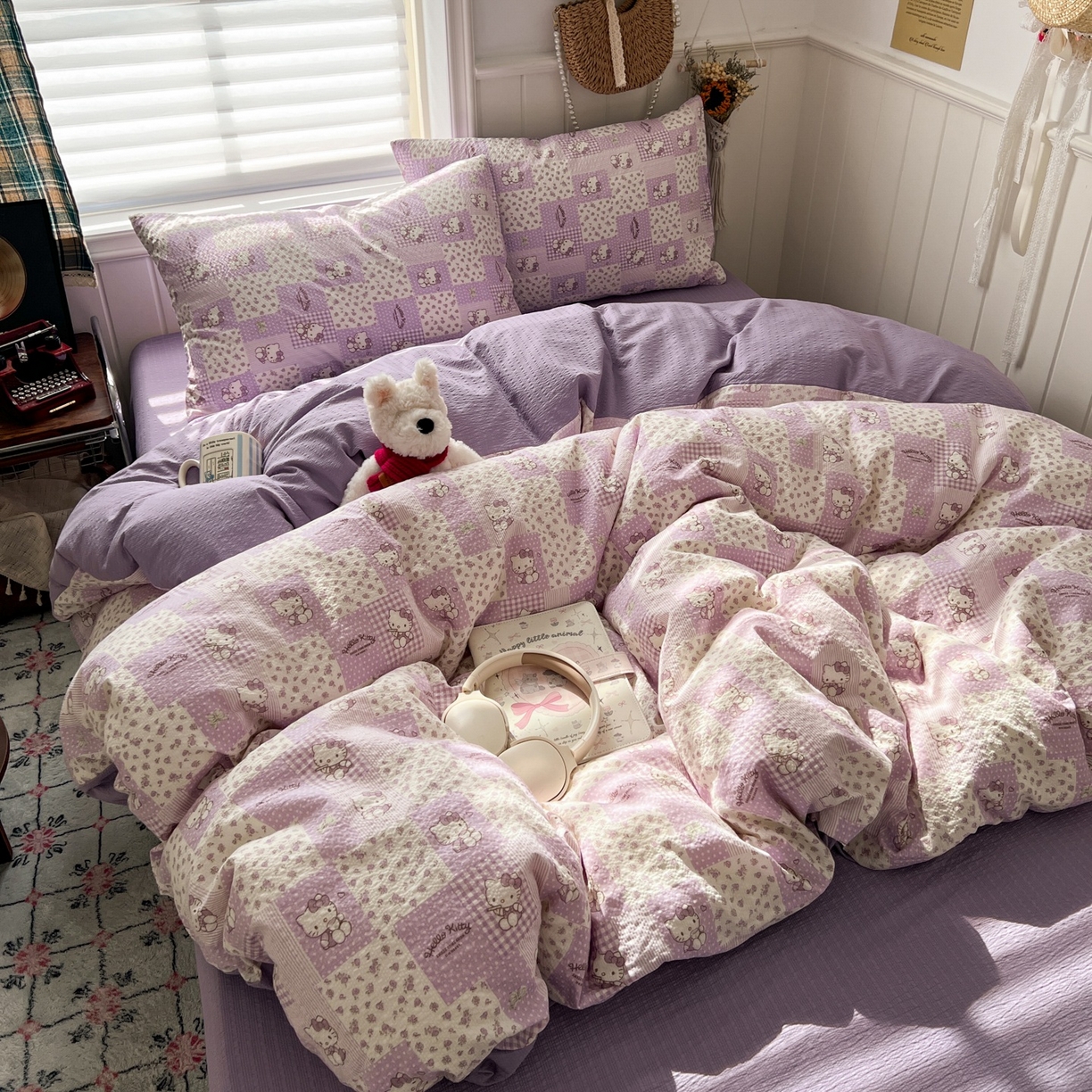 91家纺网 家纺一手货源 找家纺 水木坊 2026春夏新款高品质泡芙普通款四件套 软紫格猫